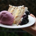 Macadamia Cake with Lemon Cream Filling and Blackberry Ice Cream