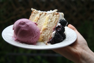 Macadamia Cake with Lemon Cream Filling and Blackberry Ice Cream