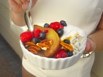 Maple Roasted Pears with Berries, Pecans, and Fresh Vanilla Frozen Yogurt