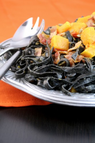 Squid Ink Carbonara with Bacon, Butternut Squash, and Pepitas for Halloween