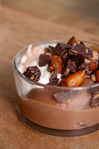 Milk Chocolate Pudding with Whipped Cream, Pretzels, and Peanut Butter Cups