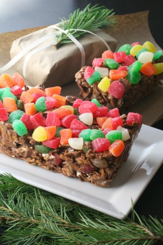 Fruitcake Reimagined - A Slice of Gooey, Chocolate Marshmallowy Cereal No-Bake Christmas Magic