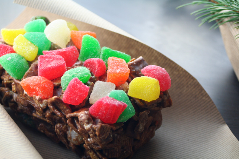 Fruitcake Reimagined - A Slice of Gooey, Chocolate Marshmallowy Cereal No-Bake Christmas Magic