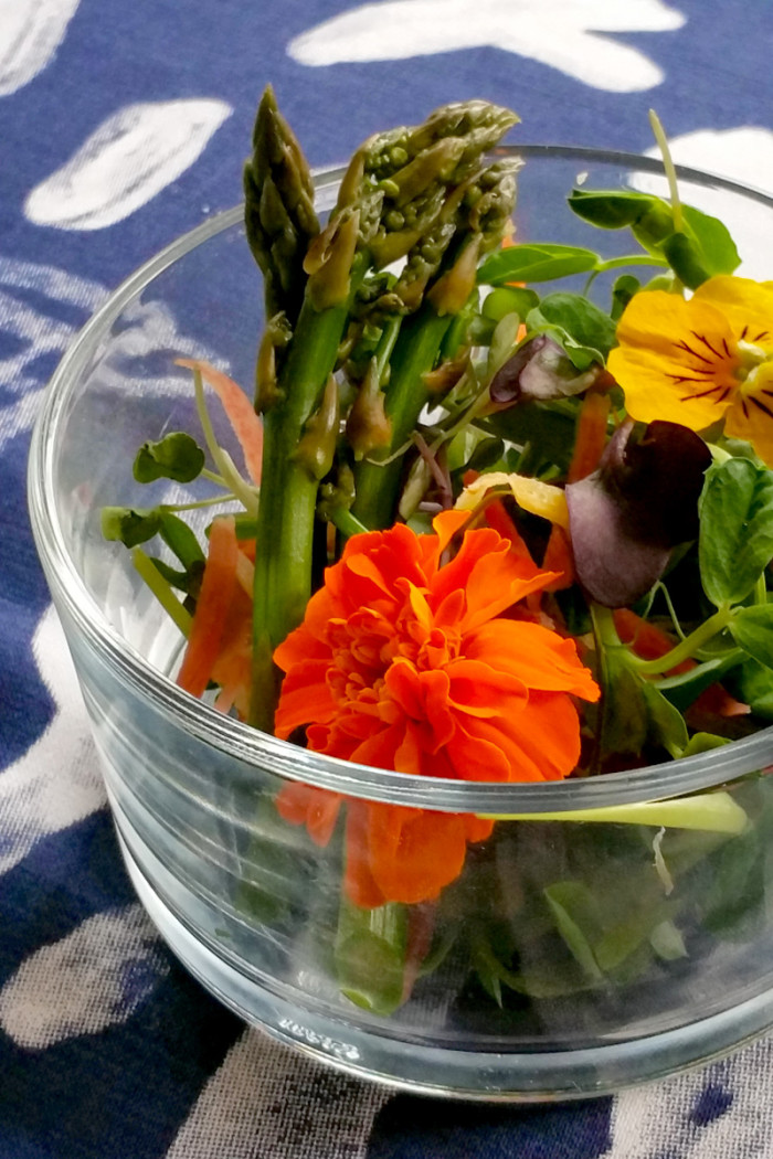 Mini Spring Salads with Baby Asparagus Tips, Edible Flowers, and Poppy Seed Dressing