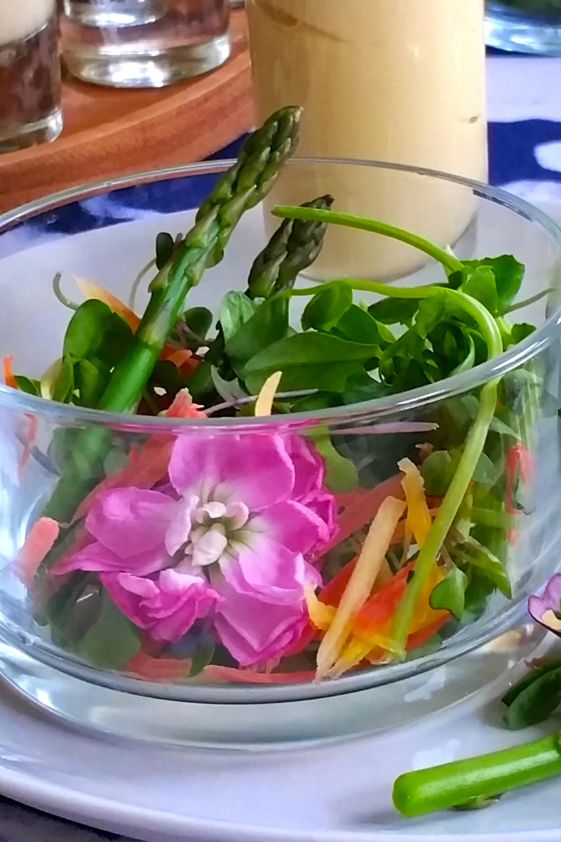 Mini Spring Salads with Baby Asparagus Tips, Edible Flowers, and Poppy Seed Dressing