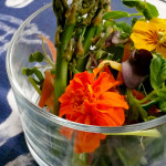 Mini Spring Salads with Baby Asparagus Tips, Edible Flowers, and Poppy Seed Dressing